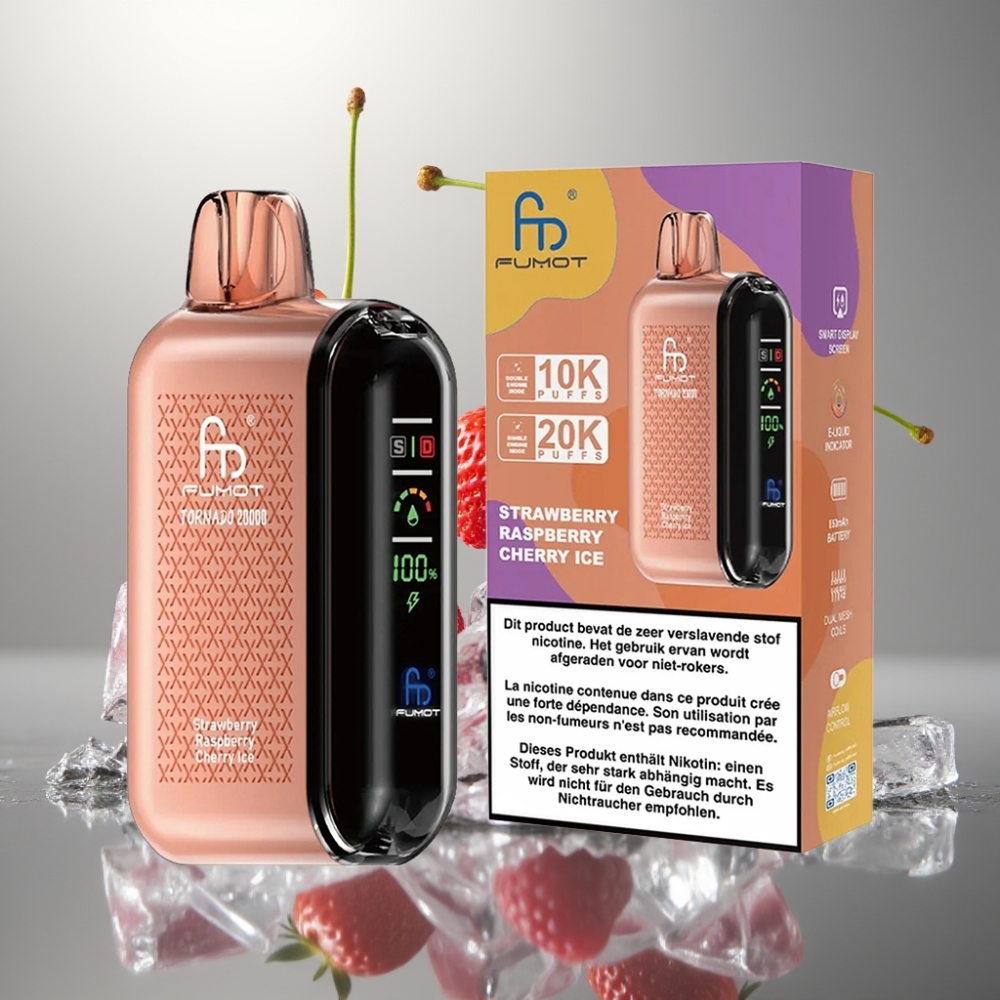 Fumot Tornado 20000 Puffs Dual Mesh Coil 20ml E-liquid 850mAh Smart Display Strawberry Raspberry Cherry Ice